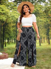 SHEIN VCAY 大碼佩斯利絲巾圖案高衩闊腿褲 - 黑色 - 查看 5