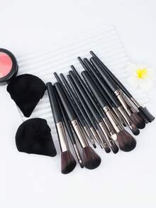 13pcs Makeup Brush Set + 2pcs Triangle Makeup Sponges, Black - Black - View 4