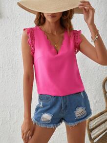 SHEIN VCAY Contrast Guipure Lace Scallop Trim Summer Women V Neck Shirt - Hot Pink - View 1