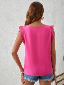 SHEIN VCAY Contrast Guipure Lace Scallop Trim Summer Women V Neck Shirt - Hot Pink - View 2
