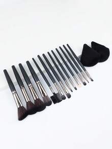 13pcs Makeup Brush Set + 2pcs Triangle Makeup Sponges, Black - Black - View 5