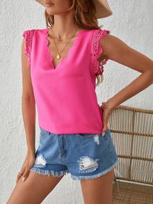 SHEIN VCAY Contrast Guipure Lace Scallop Trim Summer Women V Neck Shirt - Hot Pink - View 5