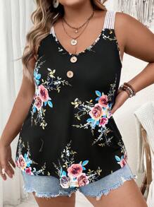 SHEIN LUNE Áo hai dây Plus Size Tương phản ren Nút phía trước Hoa Boho - Nhiều màu - Xem 1