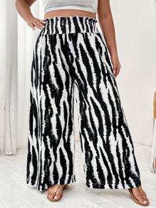 SHEIN LUNE 休閒打褶 紙袋褲腰斑馬紋加大褲子 - 黑與白 - 查看 1