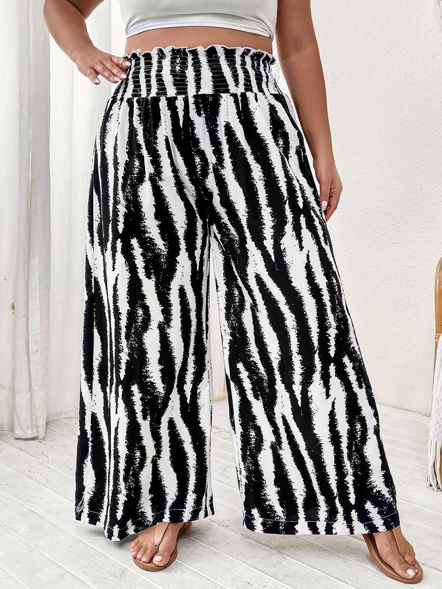 SHEIN LUNE 休閒打褶 紙袋褲腰斑馬紋加大褲子 - 黑與白 - 查看 1