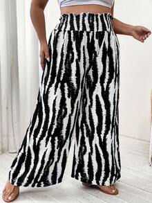 SHEIN LUNE 休閒打褶 紙袋褲腰斑馬紋加大褲子 - 黑與白 - 查看 3