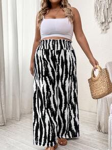 SHEIN LUNE 休閒打褶 紙袋褲腰斑馬紋加大褲子 - 黑與白 - 查看 5