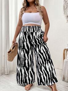 SHEIN LUNE 休閒打褶 紙袋褲腰斑馬紋加大褲子 - 黑與白 - 查看 7