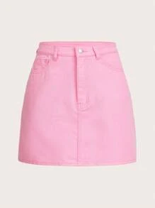 Solid Denim Skirt - Baby Pink - View 1