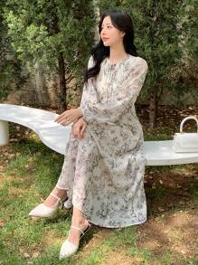 DAZY 印花繫帶領燈籠袖連衣裙 - 杏色 - 查看 7