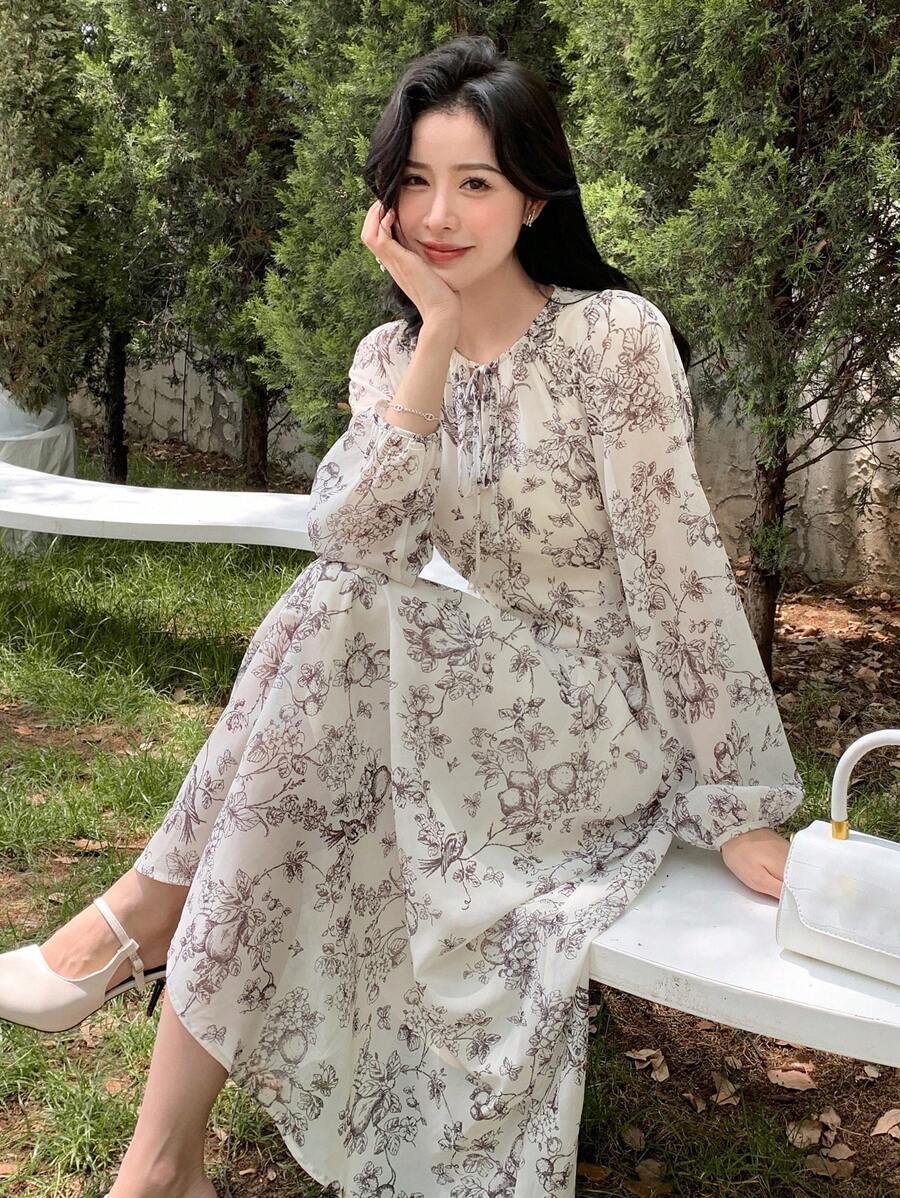 DAZY 印花繫帶領燈籠袖連衣裙 - 杏色 - 查看 1