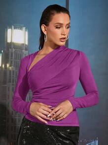 COSMINA Áo thun nữ Xù Trọn gói màu trơn Giải trí - Màu tím - Xem 3