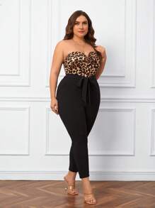 SHEIN Privé Plus Leopard Print Belted Tube Jumpsuit - Multicolor - View 3