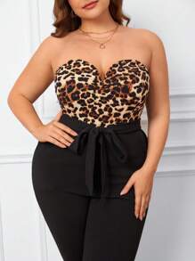 SHEIN Privé Plus Leopard Print Belted Tube Jumpsuit - Multicolor - View 4