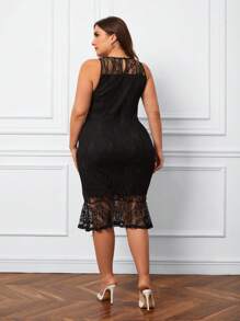 SHEIN Privé 大碼魚尾裙下擺蕾絲覆蓋洋裝 - 黑色 - 查看 2