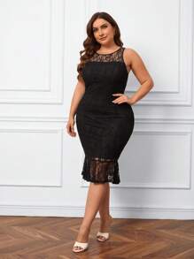 SHEIN Privé 大碼魚尾裙下擺蕾絲覆蓋洋裝 - 黑色 - 查看 4