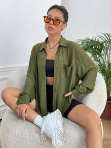 SHEIN EZwear 落肩袖口袋貼布前紐扣襯衫 - 軍綠色 - 查看 3