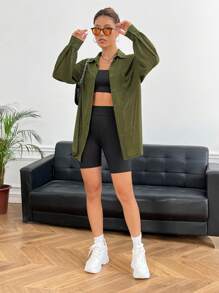 SHEIN EZwear 落肩袖口袋貼布前紐扣襯衫 - 軍綠色 - 查看 5