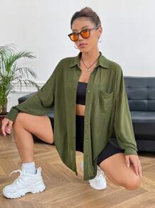 SHEIN EZwear 落肩袖口袋貼布前紐扣襯衫 - 軍綠色 - 查看 6