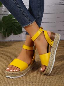 1 Đôi dép xăng đan đế dày thời trang dành cho nữ có thiết kế khóa, đế dày dệt tạo sự thoải mái, thích hợp để mặc hàng ngày vào mùa hè, thường ngày và đi làm, dép xăng đan đế xuồng thời trang và tiện dụng - Màu vàng - Xem 6