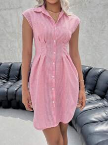 SHEIN Privé Đầm Uốn nếp Nút phía trước Sọc Giải trí - Hồng - Xem 2