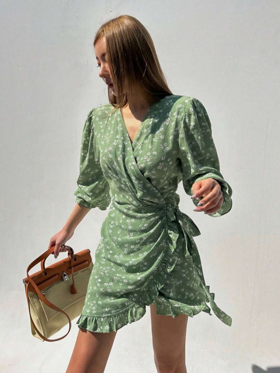 DAZY In hoa Ditsy Nút ven Viền Ruffle Váy quấn - Màu xanh Bạc hà - Xem 1