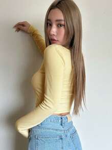 DAZY Camiseta Corta Sólida Con Cuello Redondo - Amarillo - Ver 2