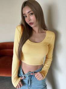 DAZY Camiseta Corta Sólida Con Cuello Redondo - Amarillo - Ver 4