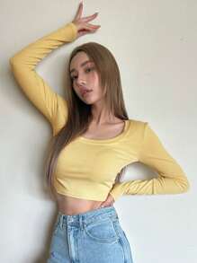 DAZY Camiseta Corta Sólida Con Cuello Redondo - Amarillo - Ver 6