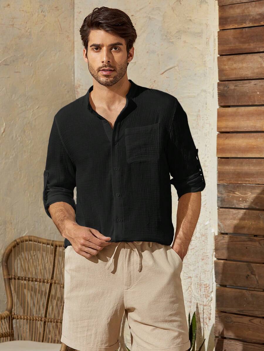 Manfinity VCAY 男士棉素色口袋貼布襯衫 - 黑色 - 查看 1