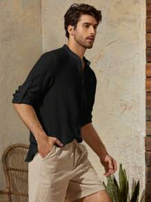 Manfinity VCAY 男士棉素色口袋貼布襯衫 - 黑色 - 查看 4