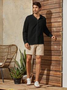 Manfinity VCAY 男士棉素色口袋貼布襯衫 - 黑色 - 查看 6