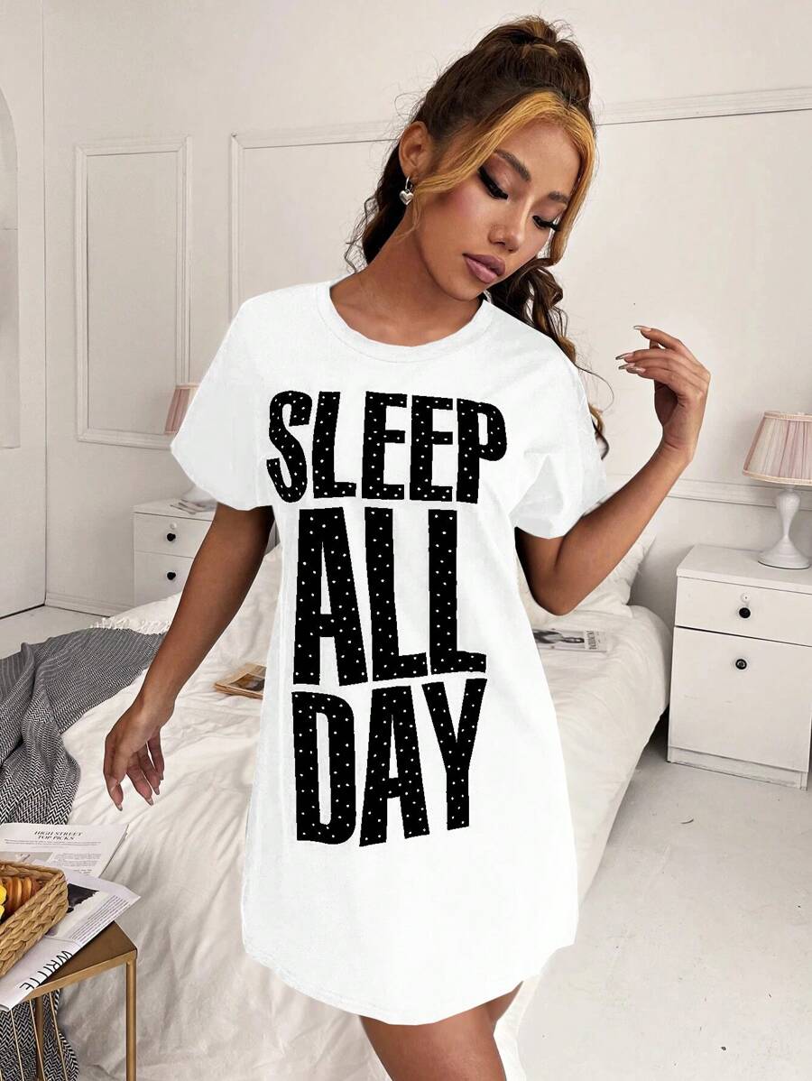 Váy ngủ & áo ngủ Nữ Slogan - trắng - Xem 1