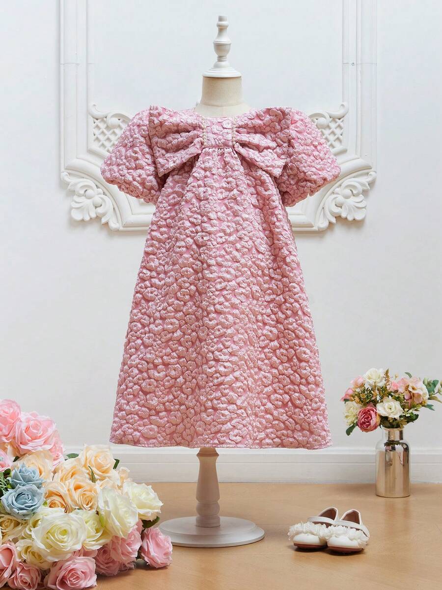 SHEIN 女孩花卉圖案提花泡泡袖前蝴蝶結連衣裙 - 淺粉色 - 查看 1