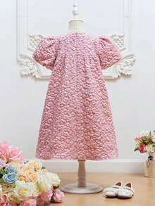 SHEIN 女孩花卉圖案提花泡泡袖前蝴蝶結連衣裙 - 淺粉色 - 查看 2