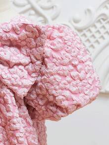 SHEIN 女孩花卉圖案提花泡泡袖前蝴蝶結連衣裙 - 淺粉色 - 查看 3