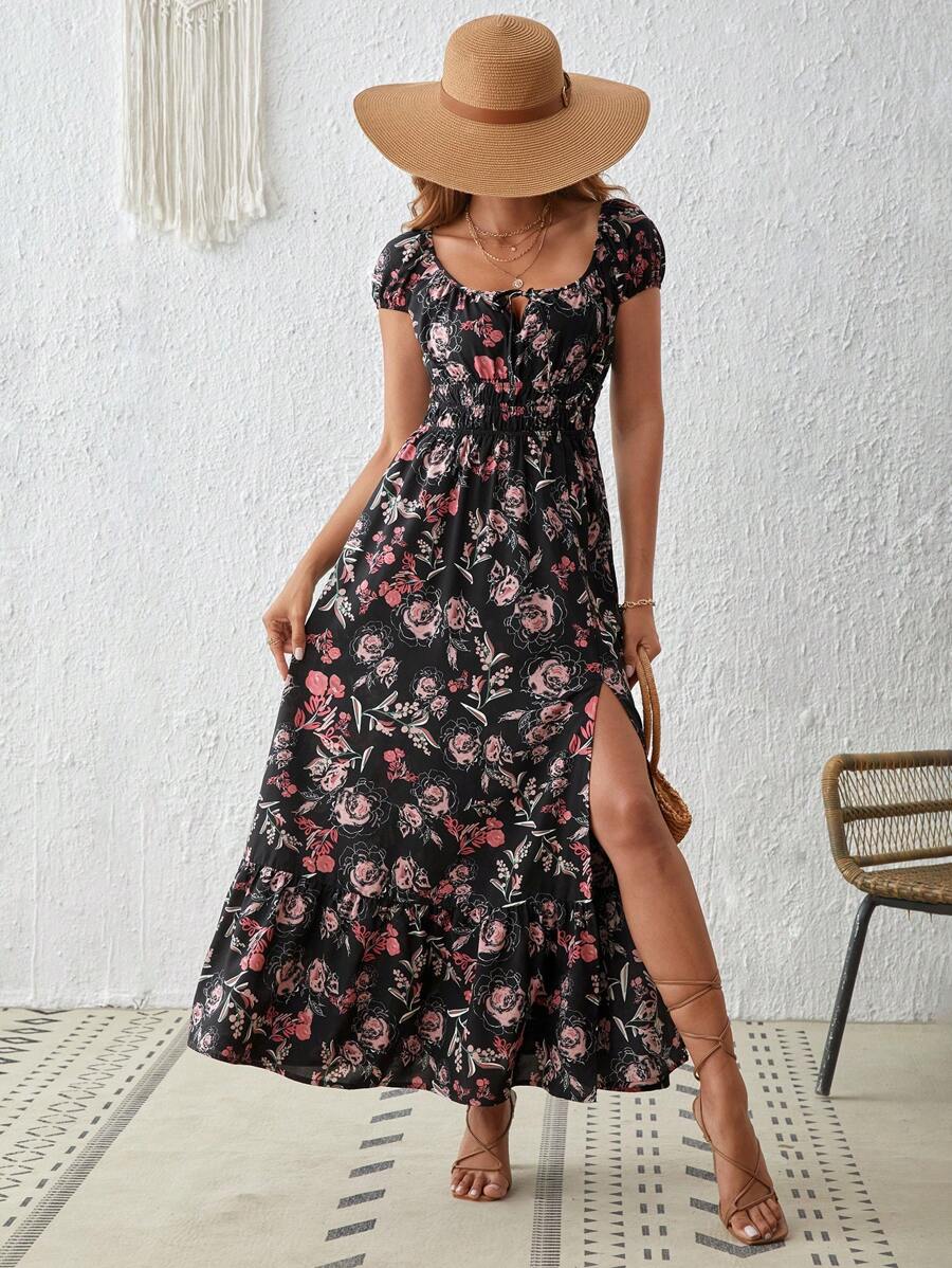 SHEIN VCAY 印花高衩荷葉邊洋裝 - 黑色 - 查看 1