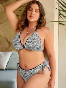 SHEIN Swim Curve 加大尺寸全圖案領結三角泳裝套裝，夏季海灘裝 - 黑與白 - 查看 1