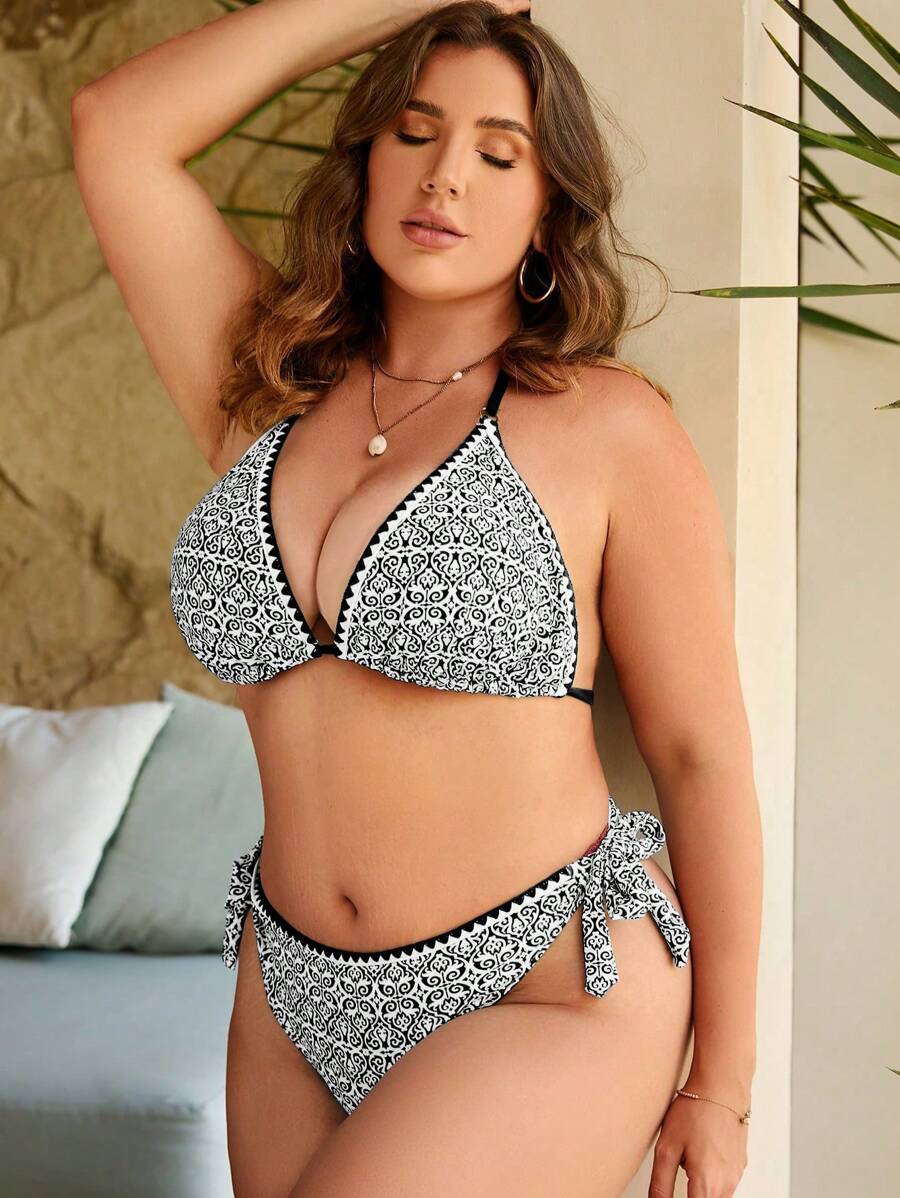 SHEIN Swim Curve 加大尺寸全圖案領結三角泳裝套裝，夏季海灘裝 - 黑與白 - 查看 1