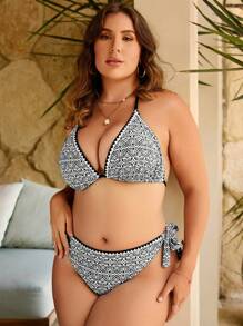 SHEIN Swim Curve 加大尺寸全圖案領結三角泳裝套裝，夏季海灘裝 - 黑與白 - 查看 4