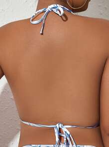 SHEIN Swim Curve Plus Allover Print Halter Triangle Bikini Top - Blue and White - View 2