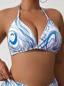 SHEIN Swim Curve Plus Allover Print Halter Triangle Bikini Top - Blue and White - View 4