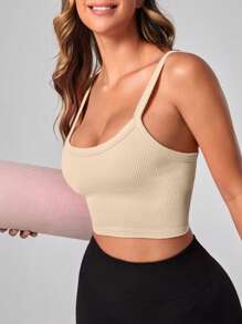 Easithlete Cross Neck Open Back Athletic Cami Top Fitted Shirt Workout Cami Top - Apricot - View 2
