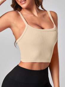 Easithlete Cross Neck Open Back Athletic Cami Top Fitted Shirt Workout Cami Top - Apricot - View 3