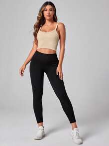 Easithlete Cross Neck Open Back Athletic Cami Top Fitted Shirt Workout Cami Top - Apricot - View 5