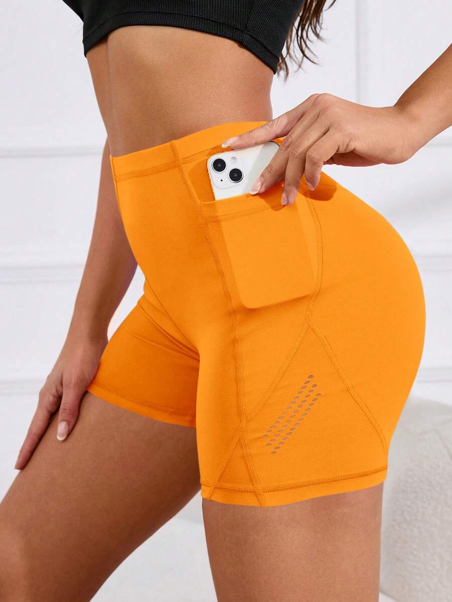 Yoga Basic Quần Shorts Thể thao Nữ Túi màu trơn - trái cam - Xem 1