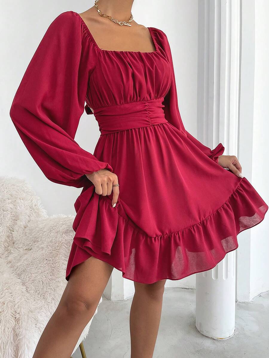 SHEIN Privé Square Neck Lantern Sleeve Ruffle Hem Dress - Hot Pink - View 1
