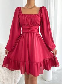 SHEIN Privé Square Neck Lantern Sleeve Ruffle Hem Dress - Hot Pink - View 4