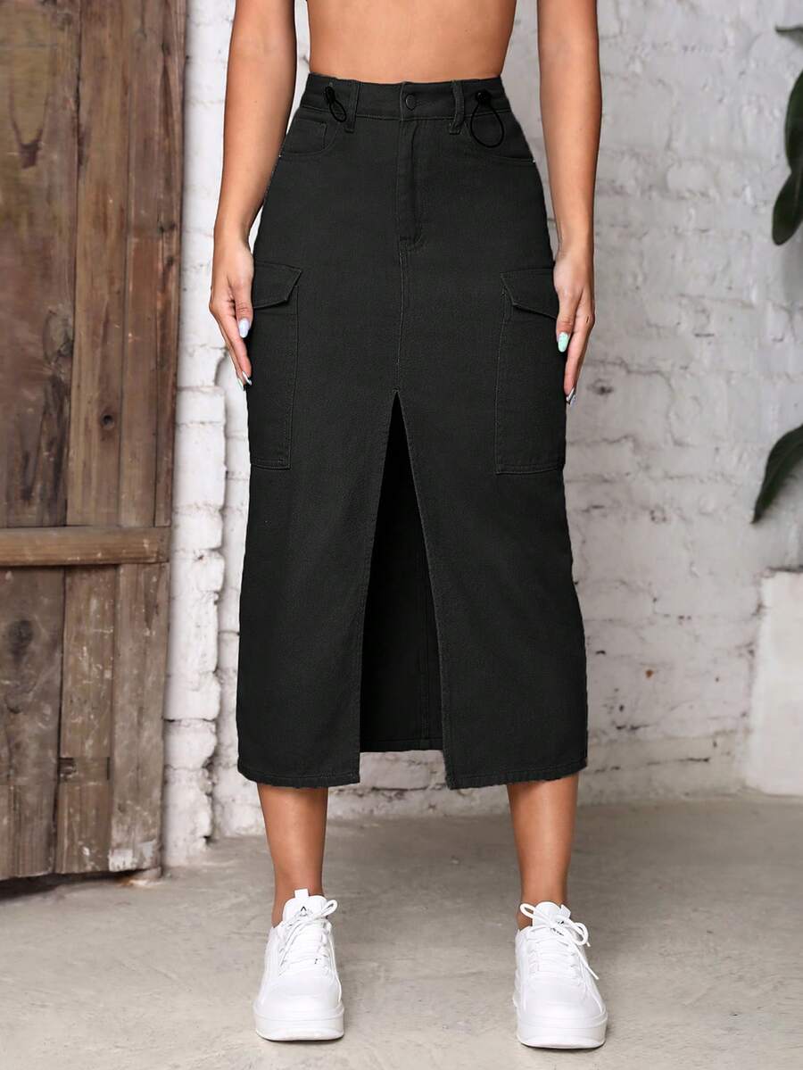 翻蓋口袋高衩牛仔半身裙 - 黑色 - 查看 1