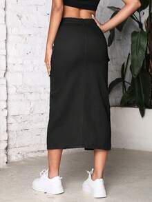 翻蓋口袋高衩牛仔半身裙 - 黑色 - 查看 2